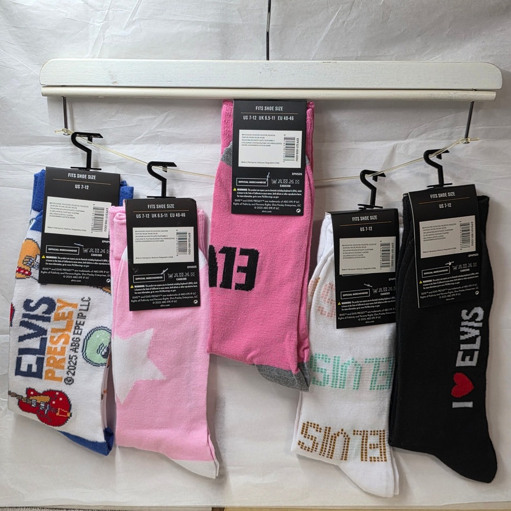 Elvis Presley Crew Socks 5 Pair Set Love Me Tender Rock N Roll Pink White Black - Picture 7 of 7